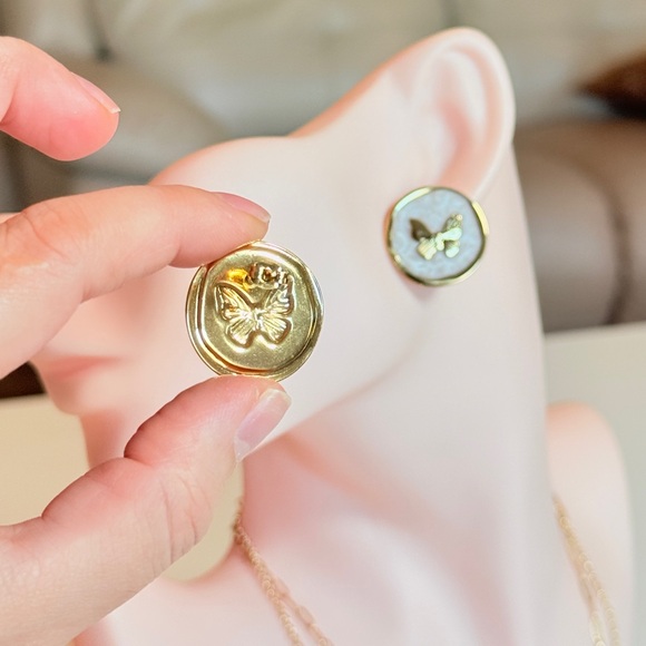 Gold and White Butterfly Earrings - Picture 6 of 10
